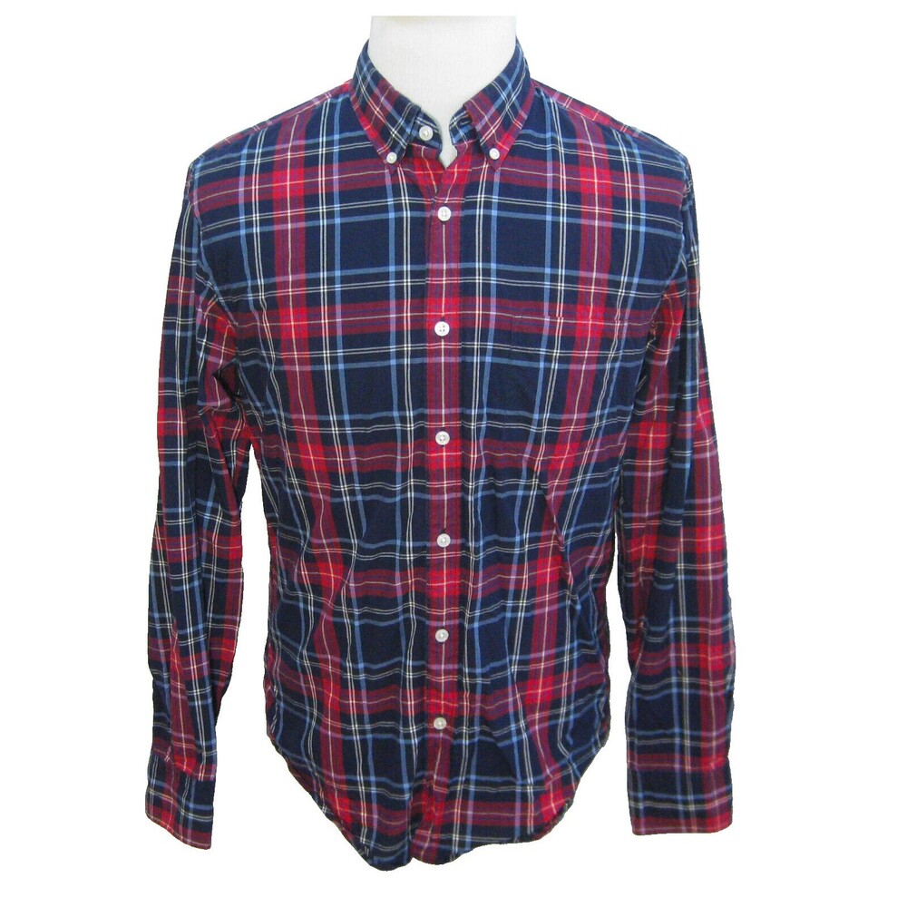 J.CREW Men's (Size Medium) Red Blue Plaid Long Sleeve Button Front Shirt Cotton